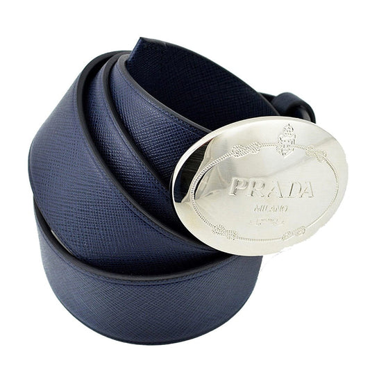Prada Navy Blue Saffiano Leather Belt Silver Belt Buckle 2CM046 Size 100 / 40